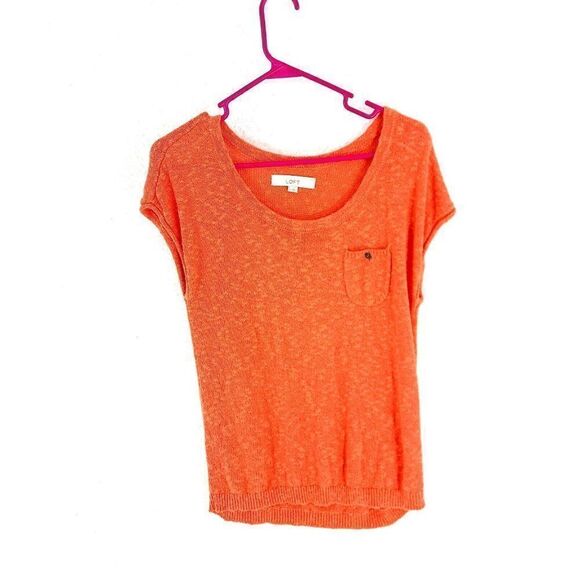 Ann Taylor Loft Orange Knit Scoop Neck Cap Sleeve Front Pocket Top Shirt Small‎ - Picture 1 of 5